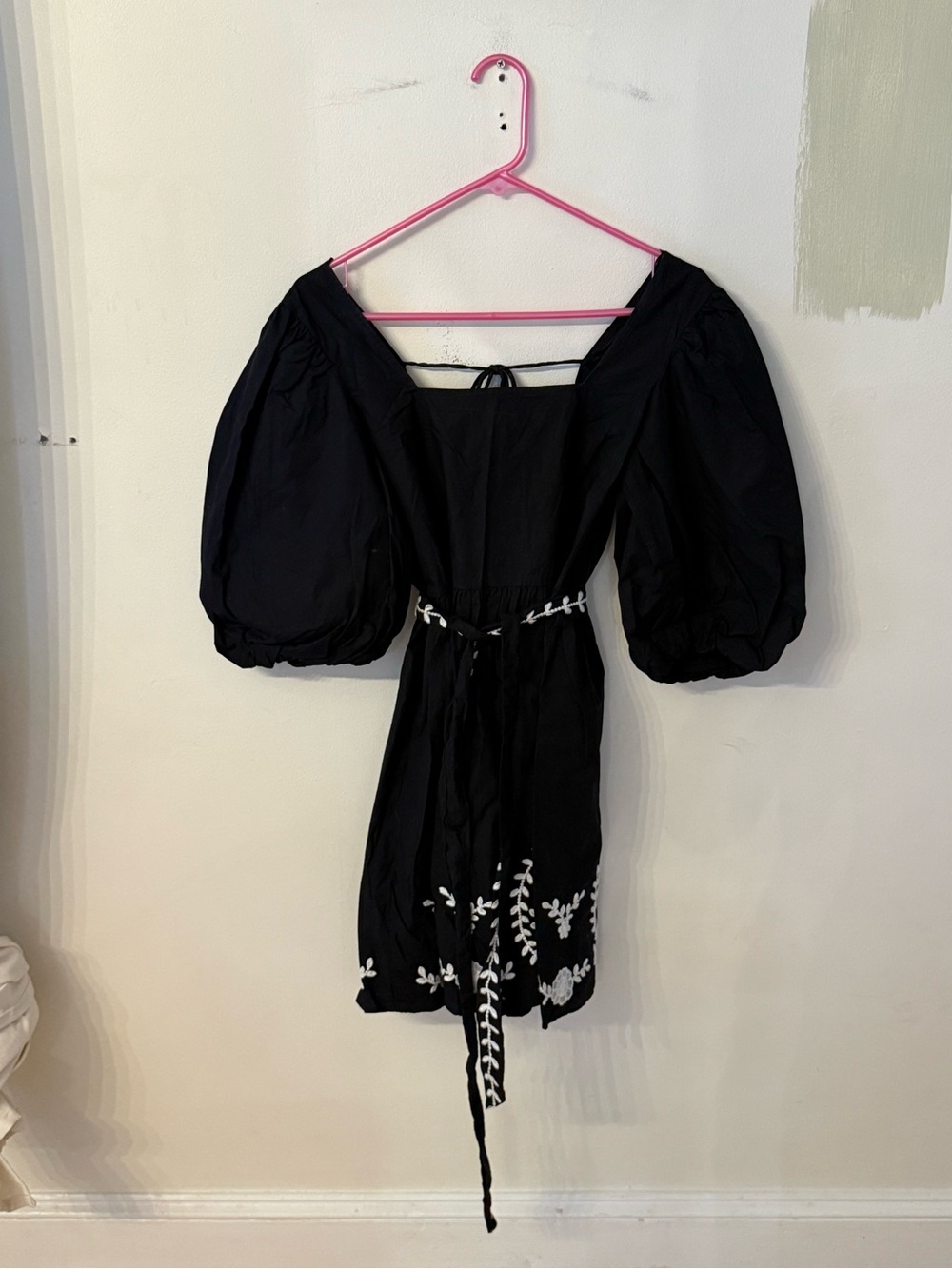 Mango Black Puff-Sleeve Mini Dress with White Floral Embroidery